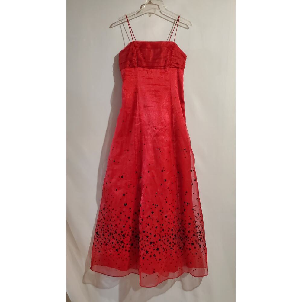 Vtg Y2K Morgan & Co Velvet Glitter Stars Gown 11/12 Red Black Prom Formal Goth